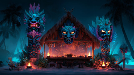 Tiki bar website with wooden tribal mask and burning torches on bamboo stick. Vector landing page of hawaiian beach cafe with cartoon illustration of polynesian totem and palm trees at night
