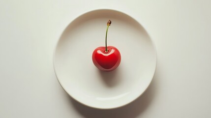 Obraz premium A single red cherry with a stem on a white plate