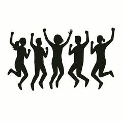 Vector silhouette of a group of people jumping in celebration, minimal flat design, clean lines, high contrast, isolated on white background, scalable and suitable for people silhouettes