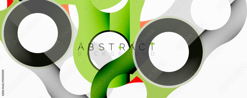 Poster Modern design features overlapping circles, lines, vibrant green hues. Abstract composition creates dynamic visual effect.