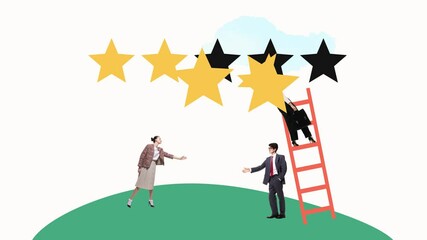 People placing rating stars. Animation. Collective evaluation and testimonial impact showing role of feedback in service improvement and customer perception. Concept of teamwork, trust. 2 models