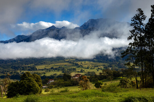 Landscape of Volcan town in Chiriqui Province in Panama. Views of Baru volcano in Panama. Calm and green landscape.
