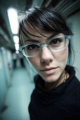 Portrait artistique avec lunettes transparentes et cheveux en mouvement