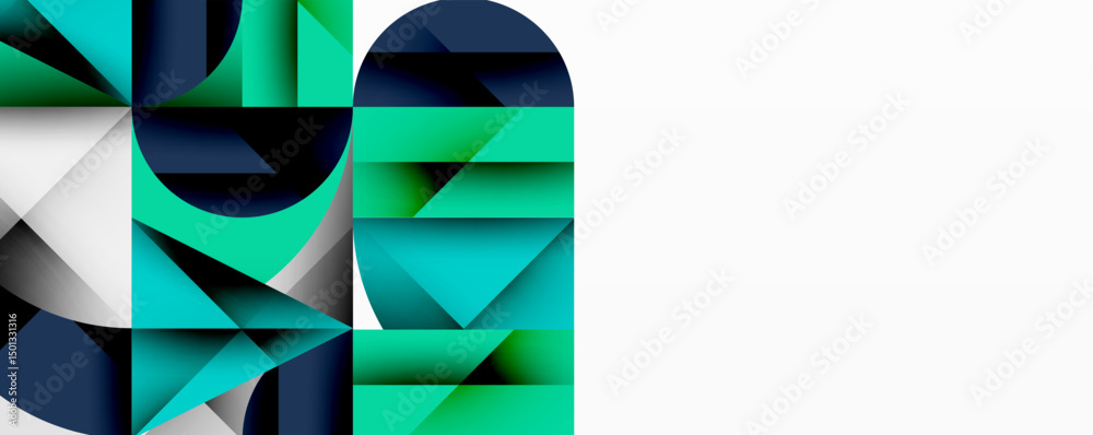 Poster abstract geometric composition. teal, navy, white shapes interlock creating modern visual impact. mi