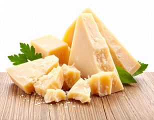 parmesan cheese on a wooden table isolated on a white background