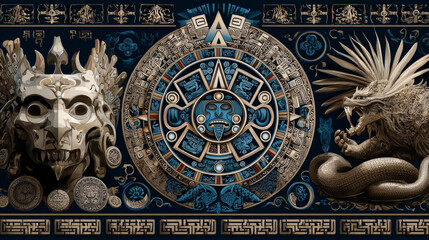 Set of Mayan or Aztec patterns, tribal decorative elements of mexican mesoamerican culture, isolated ethnic ornaments collection. Ancient civilization tattoo of dragon, moon phases and idol with snake