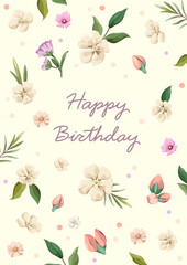 Happy birthday. Cute greeting card with flowers. Vector.
