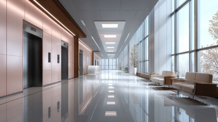 Empty corridor perspective with large windows and elevator door. Realistic vector illustration of hospital, hotel, university, shopping mall, office building hall interior design. Modern architecture
