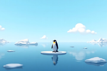 A serene penguin on a circular ice floe in a calm ocean, surrounded by a cool, contemplative atmosphere dominated by blues and whites.