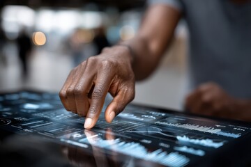 Fototapeta premium A close-up of a hand touching an interactive touchscreen display, symbolizing the integration of advanced technology into everyday life and enhancing user interaction experiences.
