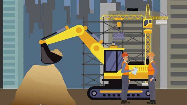 Construction site area, working on the edge of town with engineers and building machines animation