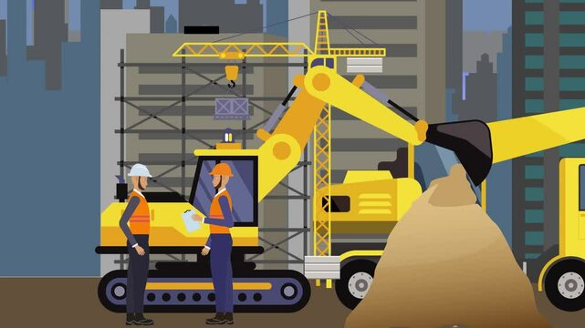 Construction site area, working on the edge of town with engineers and building machines animation
