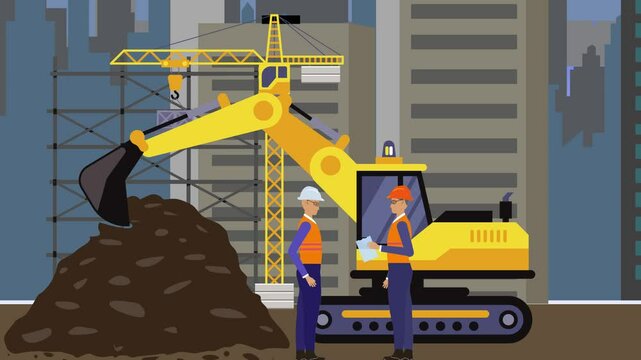 Construction site area, working on the edge of town with engineers and building machines animation