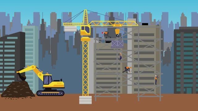 Construction site area, working on the edge of town with engineers and building machines animation