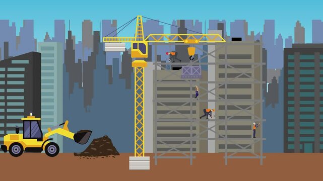 Construction site area, working on the edge of town with engineers and building machines animation