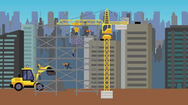 Construction site area, working on the edge of town with engineers and building machines animation