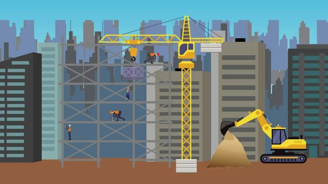 Construction site area, working on the edge of town with engineers and building machines animation