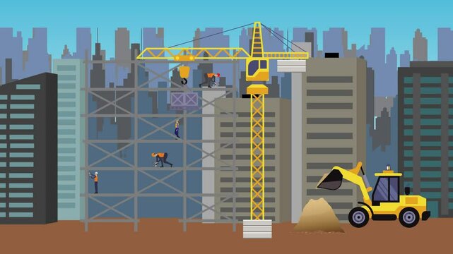 Construction site area, working on the edge of town with engineers and building machines animation