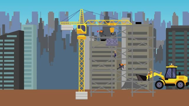 Construction site area, working on the edge of town with engineers and building machines animation
