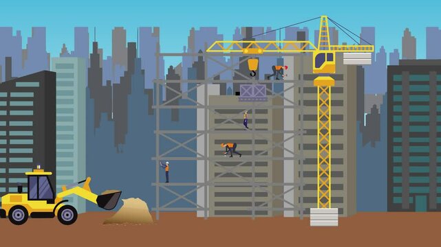 Construction site area, working on the edge of town with engineers and building machines animation