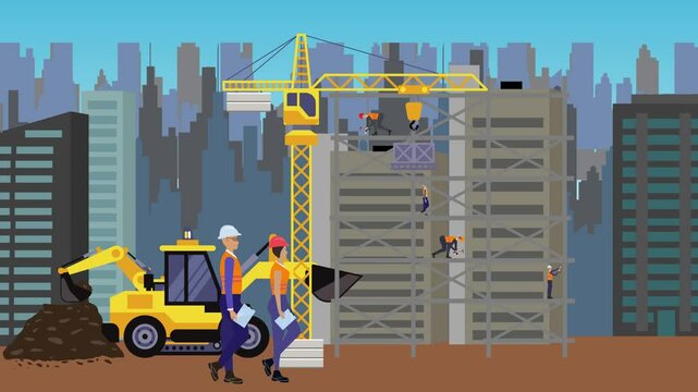 Construction site area, working on the edge of town with engineers and building machines animation