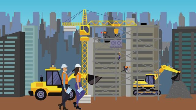 Construction site area, working on the edge of town with engineers and building machines animation