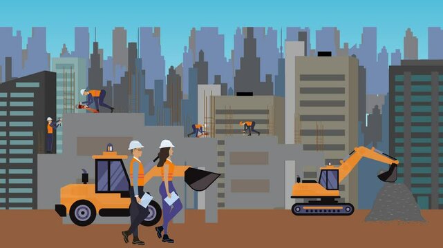 Construction site area, working on the edge of town with engineers and building machines animation
