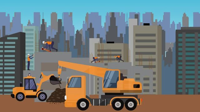 Construction site area, working on the edge of town with engineers and building machines animation