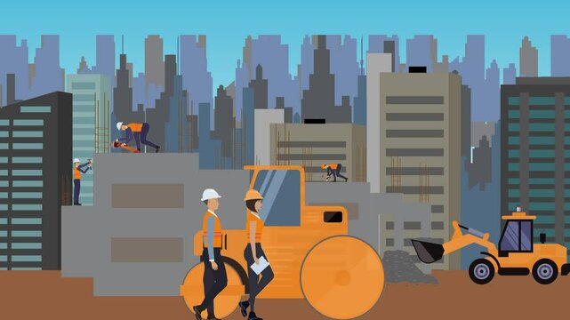 Construction site area, working on the edge of town with engineers and building machines animation