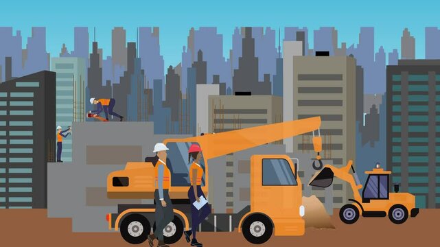 Construction site area, working on the edge of town with engineers and building machines animation
