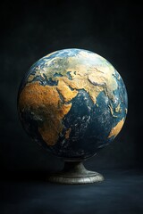 Vintage terrestrial globe on dark background. Detailed textured world map. Antique geography educational object.