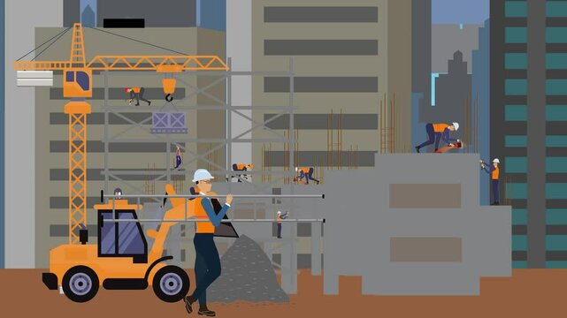 Construction site area, working on the edge of town with engineers and building machines animation