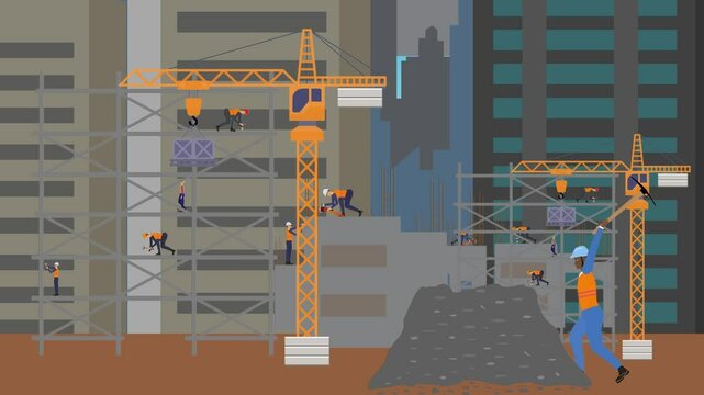Construction site area, working on the edge of town with engineers and building machines animation