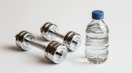 Obraz premium Dumbbells and water bottle are essential gym equipment for fitness enthusiasts, promoting strength training and hydration