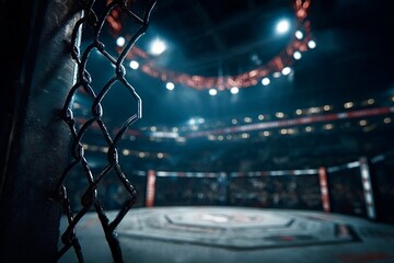 Empty fighting ring behind metal cage in blurred stadium lights