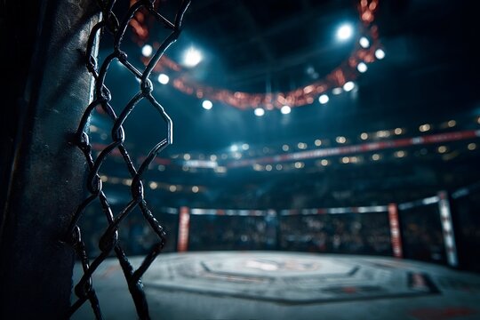 Empty fighting ring behind metal cage in blurred stadium lights