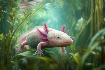 Obraz premium Axolotl in Native High-Altitude Lake Habitat of Xochimilco, Surrounded by Soft Ripples and Aquatic Plants in Shallow Water, Endangered Amphibian, Mexican Wildlife, Freshwater Species