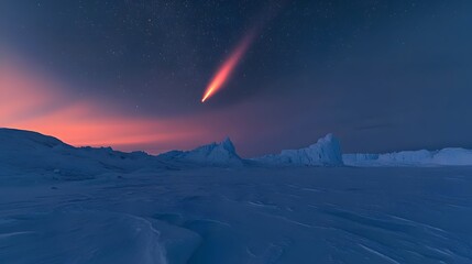 A red comet lighting up the polar night over frozen tundra