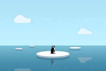A serene penguin on a circular ice floe in a calm ocean, surrounded by a cool, contemplative atmosphere dominated by blues and whites.