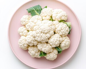 Fresh cauliflower arranged beautifully on a pink plate surrounded by green leaves showcasing its natural texture and color against a light background