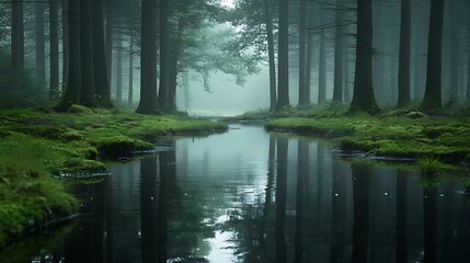breathing space nature calm creek with mirror like reflection of surrounding trees smooth flowing water peaceful and quiet