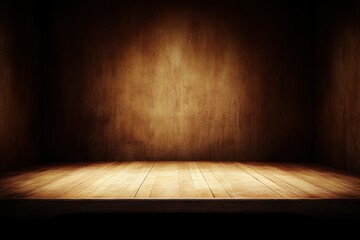 Empty wooden platform, dark background, spotlight