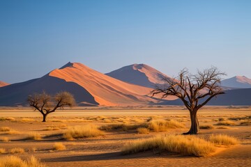Fototapeta premium Golden Sand Dunes with Ancient Petrified Trees in Remote Namib Desert at Dawn, Stretching Shadows, Desert Landscape, Arid Nature, African Wilderness, Sunrise Light, Natural Desert Scene, Remote Enviro