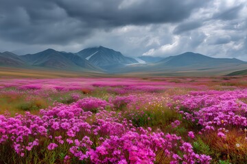 Fototapeta premium Bright Pink Wildflowers Covering Siberian Tundra Plain with Distant Mountains and Storm Clouds, Blooming Landscape, Arctic Flora, Remote Nature, Scenic Wilderness, Tundra Spring, Northern Russia