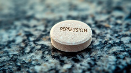 Pill labeled depression resting on a textured surface highlighting mental health awareness and the importance of treatment options for those in need