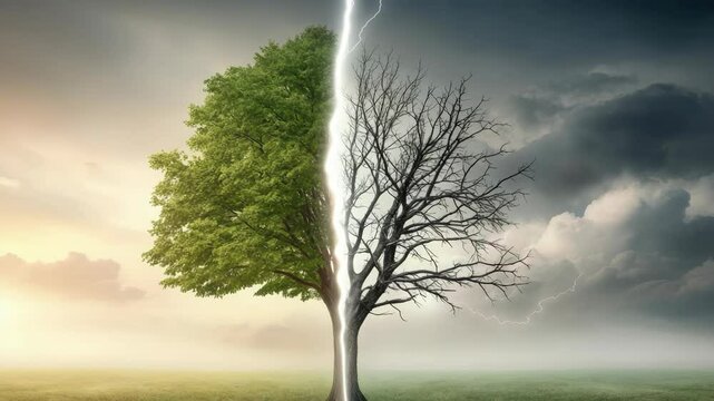 Tree depicting both life and death under different weather conditions