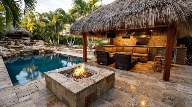 Luxury outdoor patio scene with a fire pit, pool, tiki hut, and kitchen