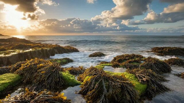 Waves crashing on seaweed-covered rocks at sunset by ocean