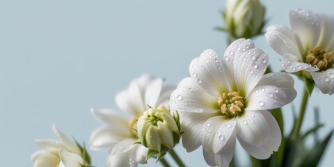 Fototapeta premium Delicate White Flowers with Water Droplets Against a Soft Blue Background for Floral Beauty and Serenity