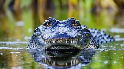 Fototapeta premium Intense gaze: American alligator lurking in the swamp waters with reflection